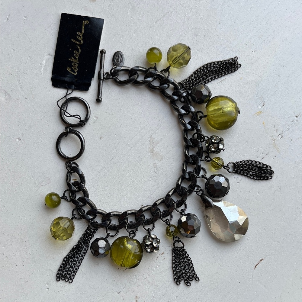 Cookie Lee dangle drop black metal toggle bracelet green crystals rhinestones